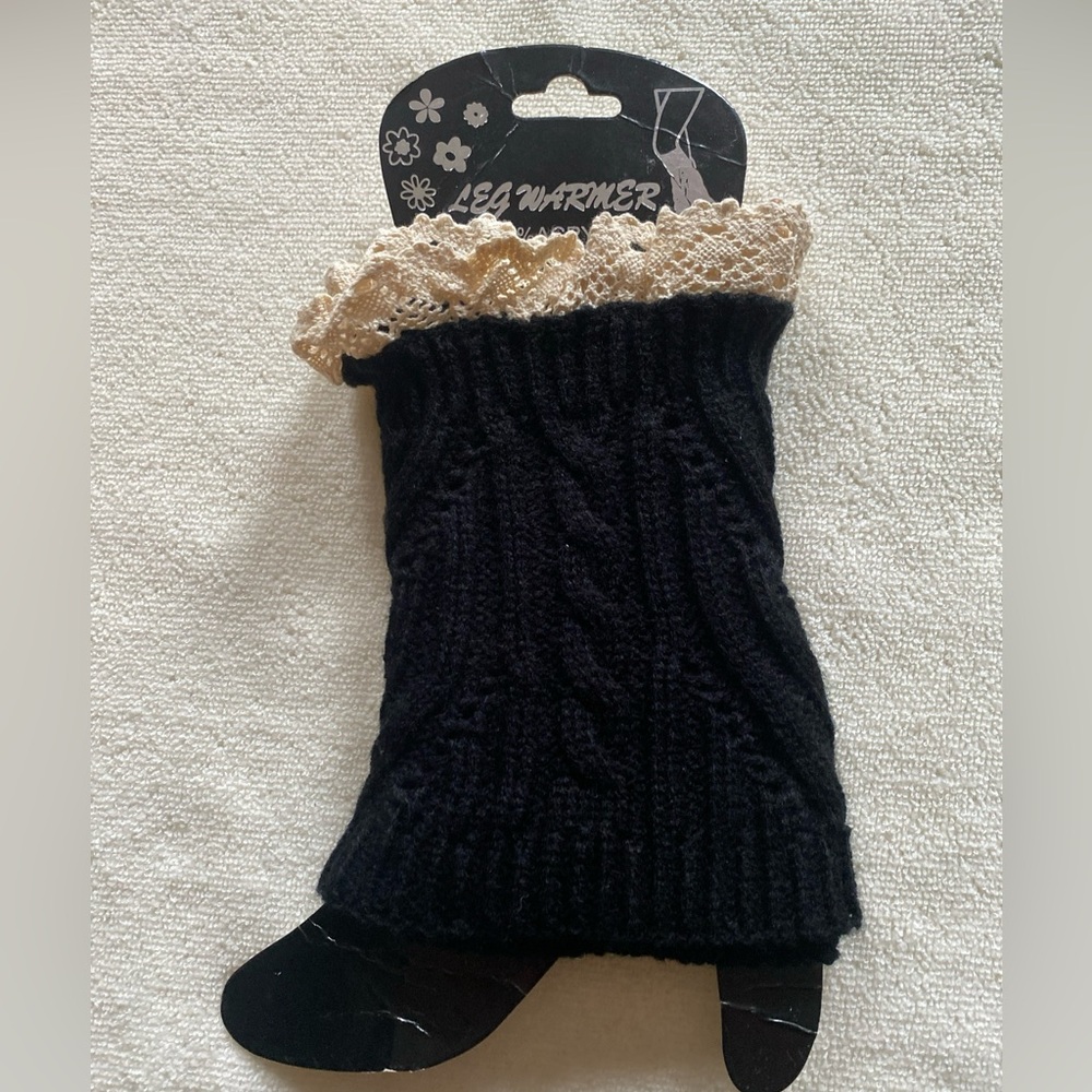 Black Cable Knit Leg Warmer with Lace Trim